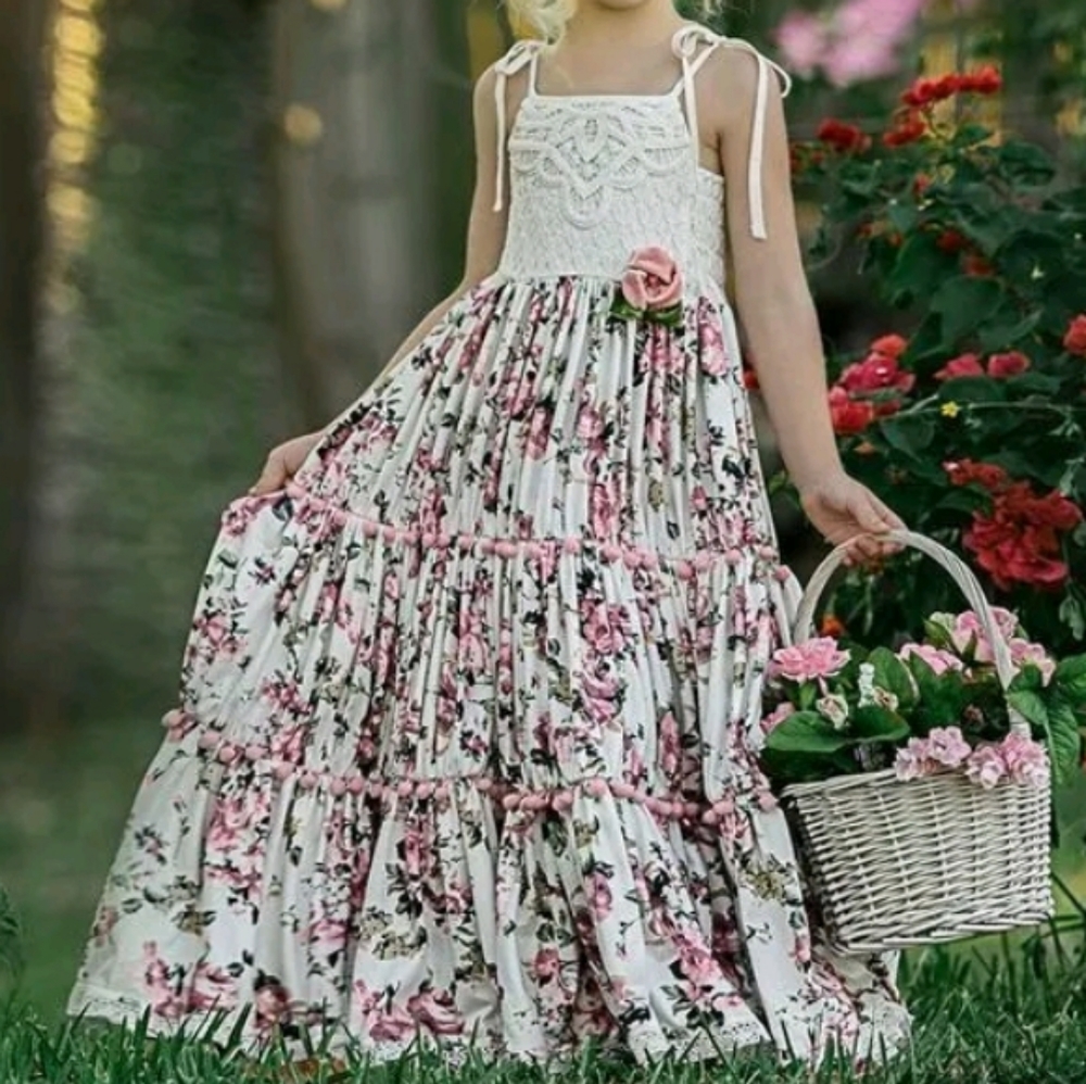 DOLLCAKE white pink floral crochet lace cotton dress 3 3T